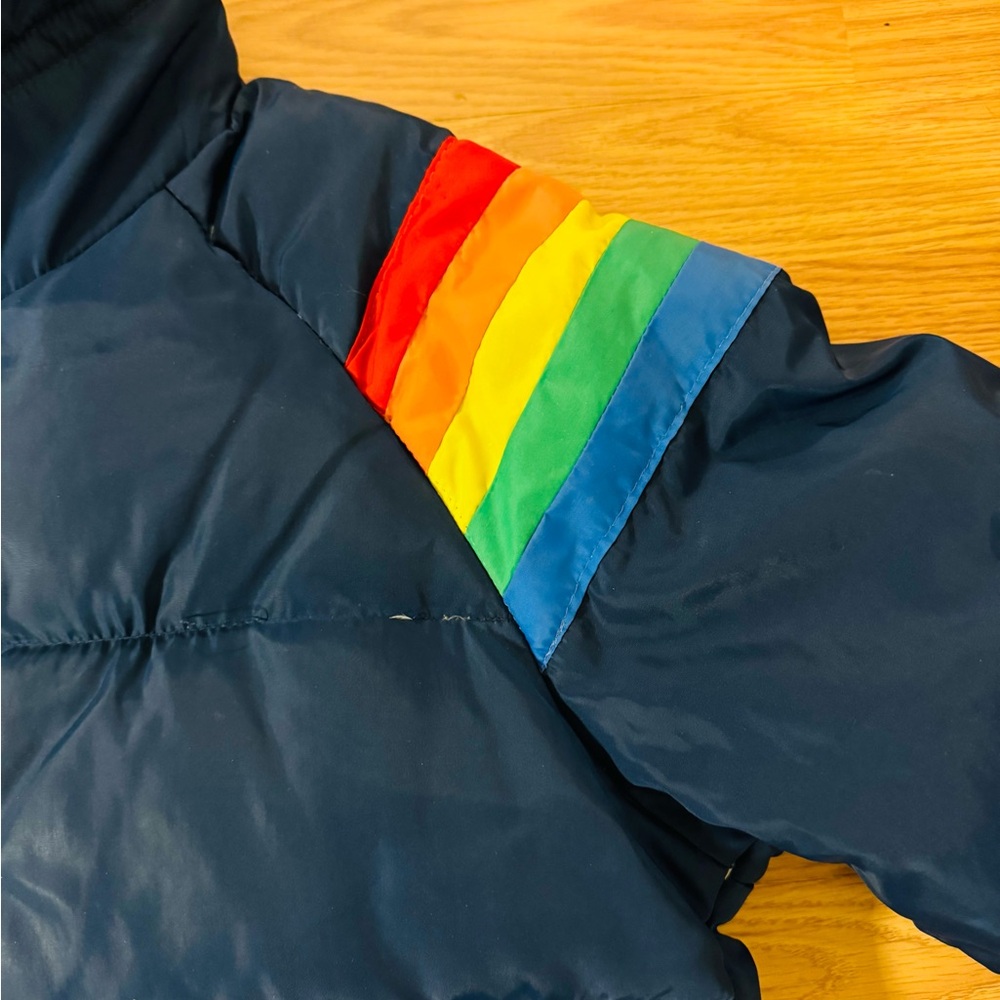 Vintage 70s Prime North Navy Blue Rainbow Stripe Ski Winter Down Jacket VGUC Sm - Picture 6 of 16